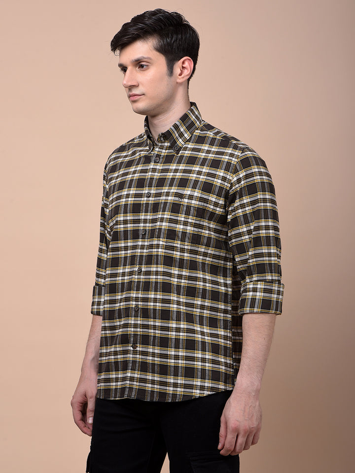 Olive Checked Button-Down Collar 100% Cotton Shirt