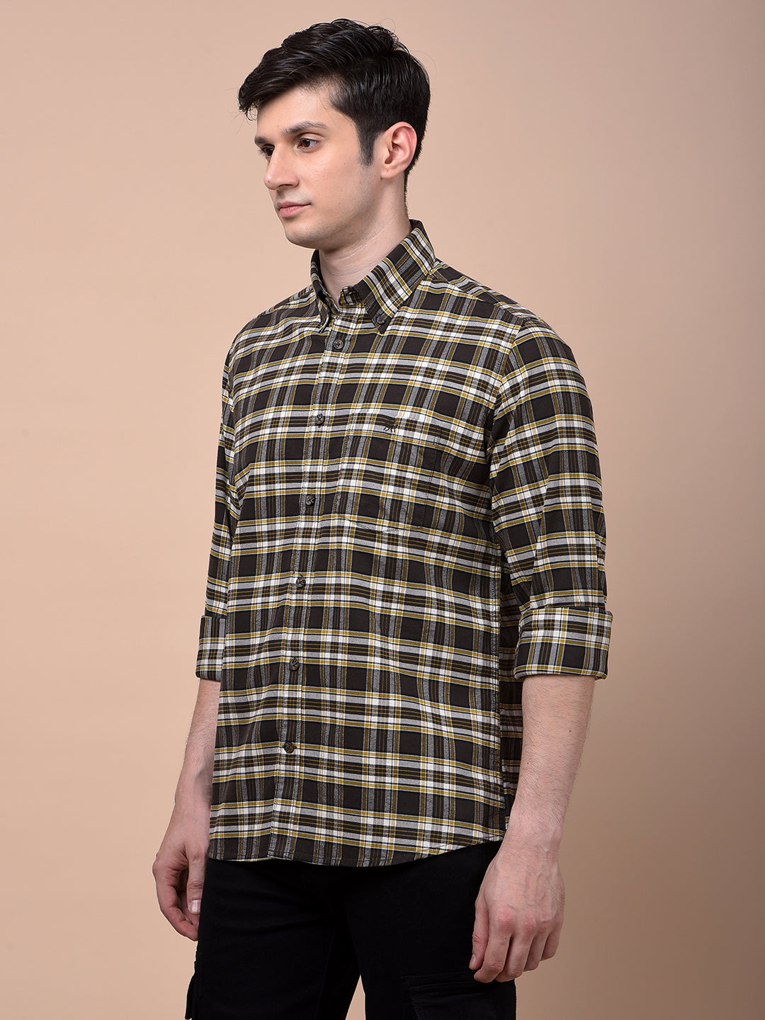 Olive Checked Button-Down Collar 100% Cotton Shirt