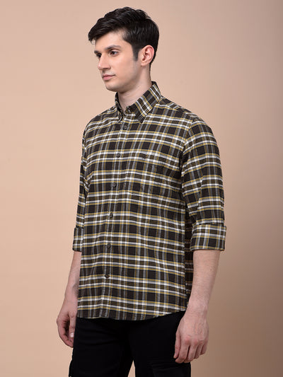 Olive Checked Button-Down Collar 100% Cotton Shirt