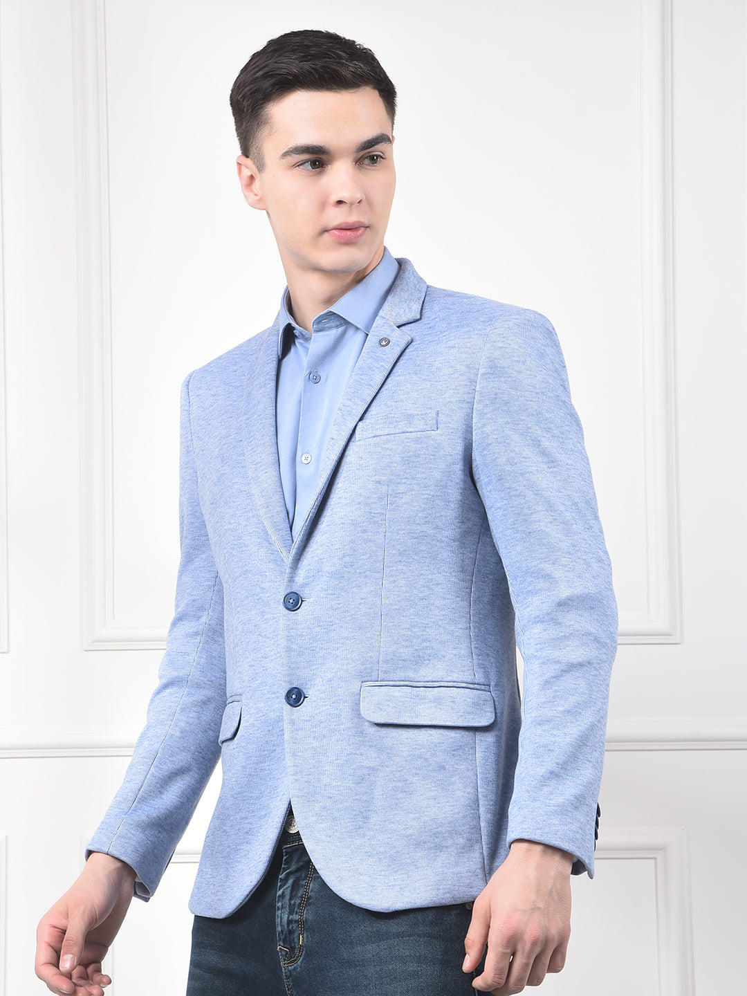 Blue Jacquard Notched Lapel Single-Breasted Blazer