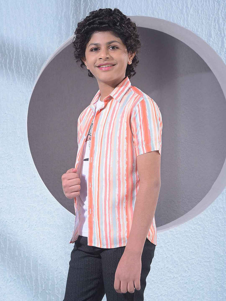 Peach Vertical Striped Layered Shirt with T-Shirt