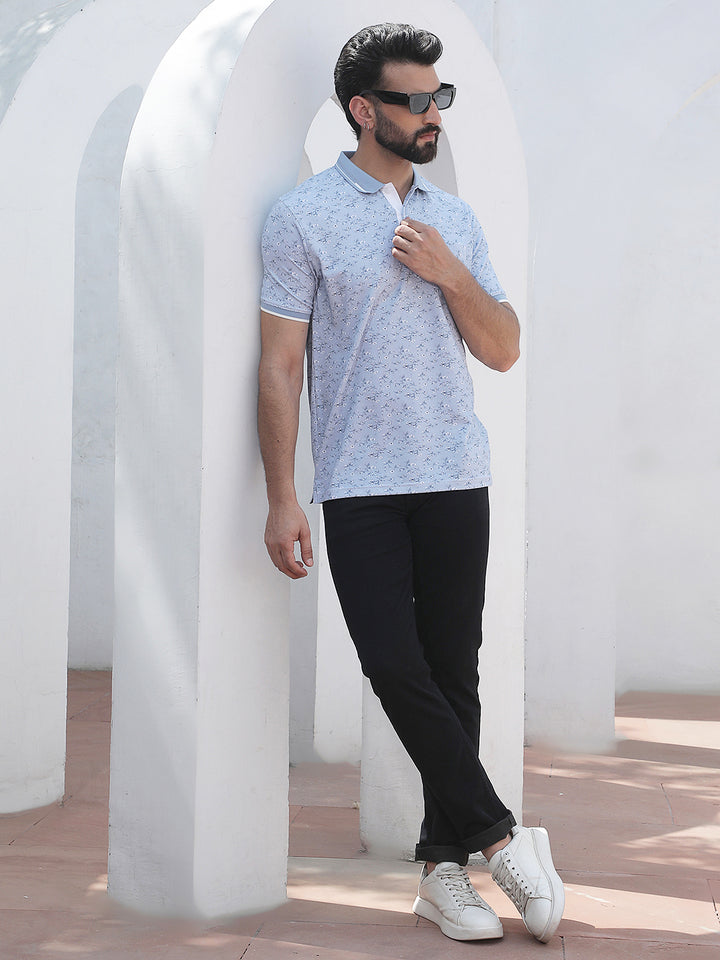 Blue Floral Print Polo Neck T-Shirt