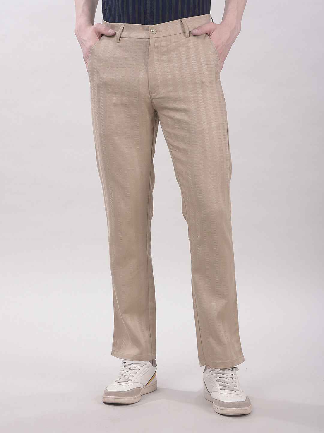 Beige Vertical Stripes Chinos Trousers