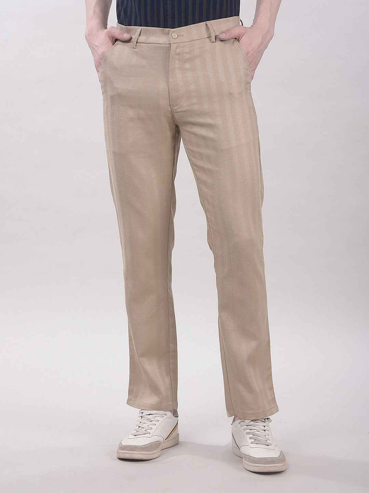 Beige Vertical Stripes Chinos Trousers