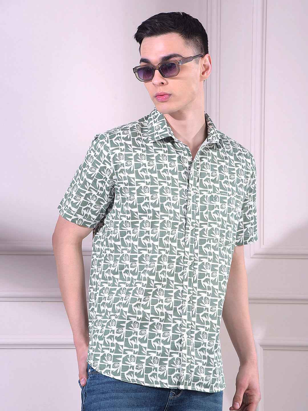 Green Linen Floral Print Shirt