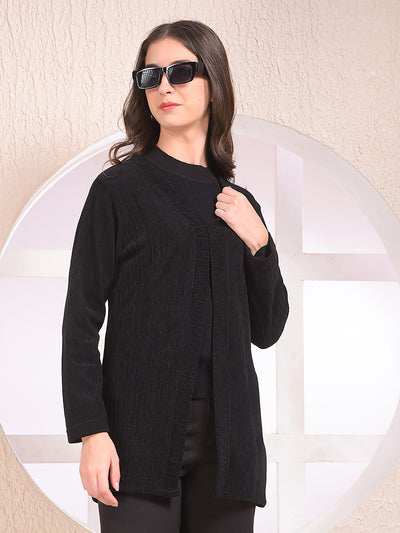 Black Printed V-Neck Open Front Shrug