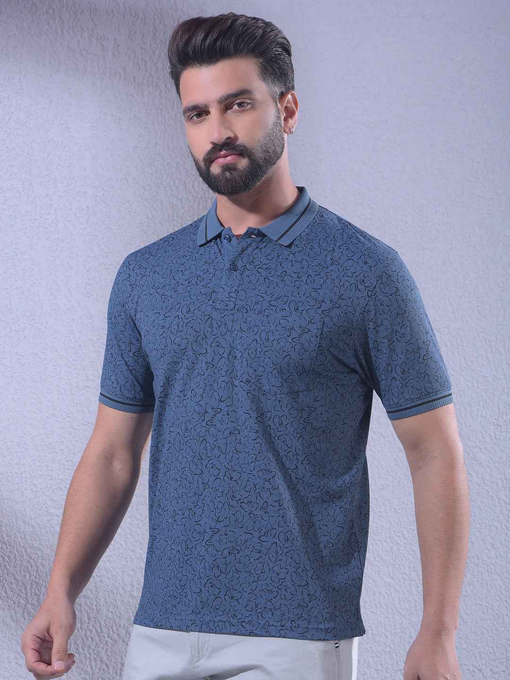 Navy Blue Floral Print Polo Neck T-Shirt