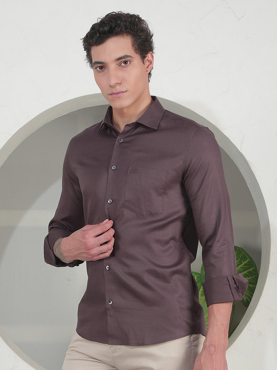 Relaxed Mocha Brown Jacquard Shirt
