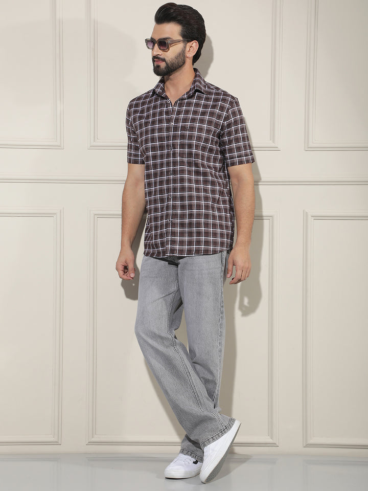 Brown Checked 100% Cotton Shirt