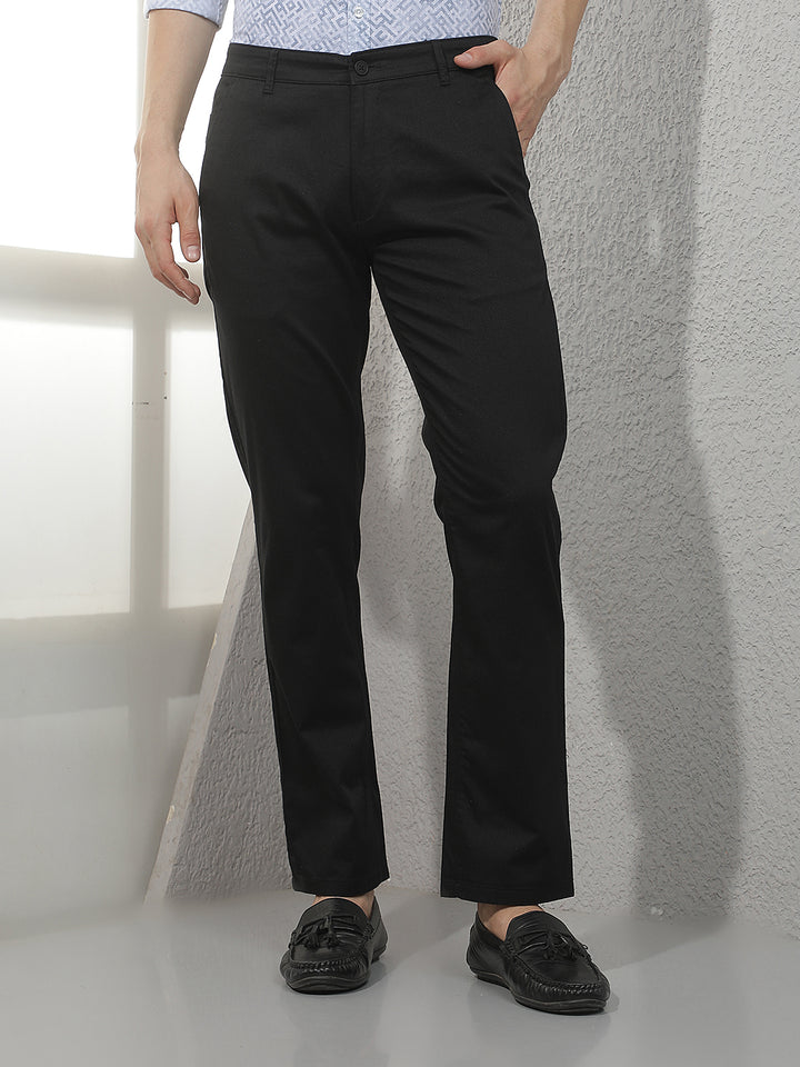 Black Textured Straight Trousers