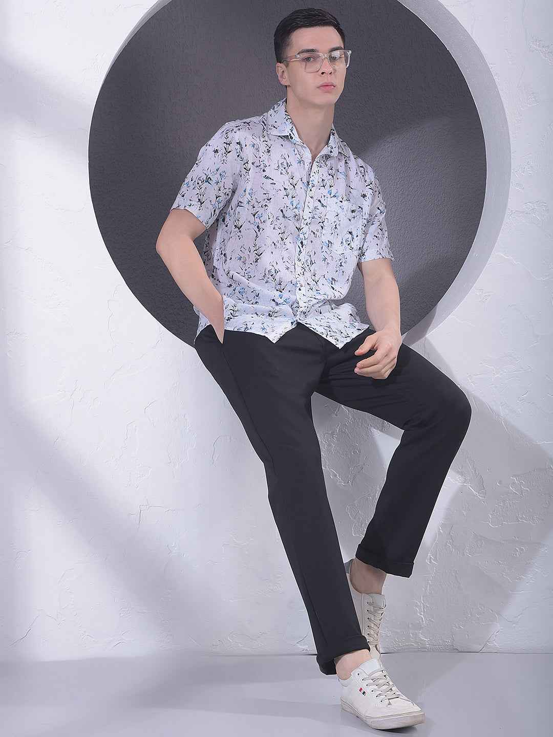 Blue Floral Print Linen Shirt