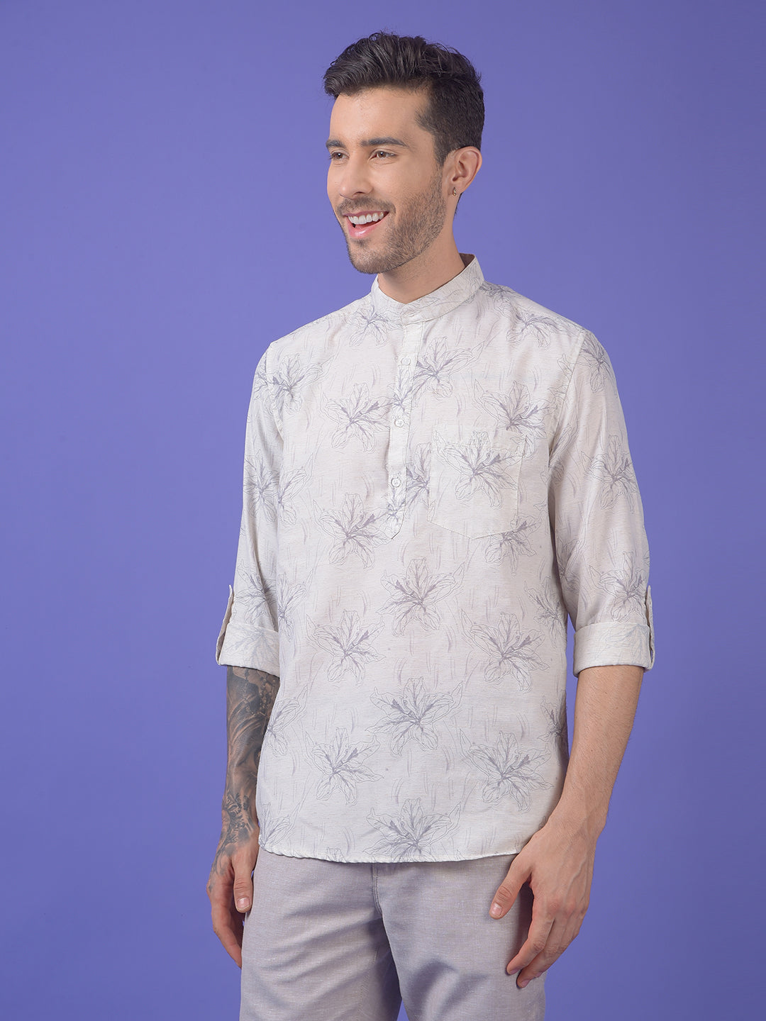 Green Floral Print Linen Kurta