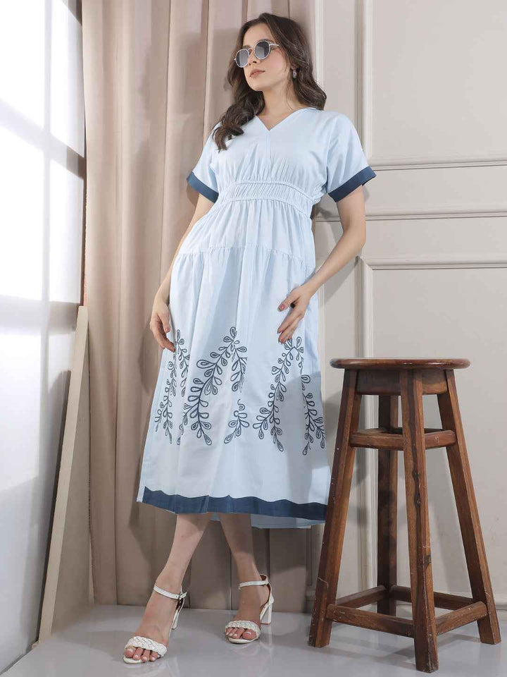 Blue Embroidered V-Neck A-Line Midi  Dress