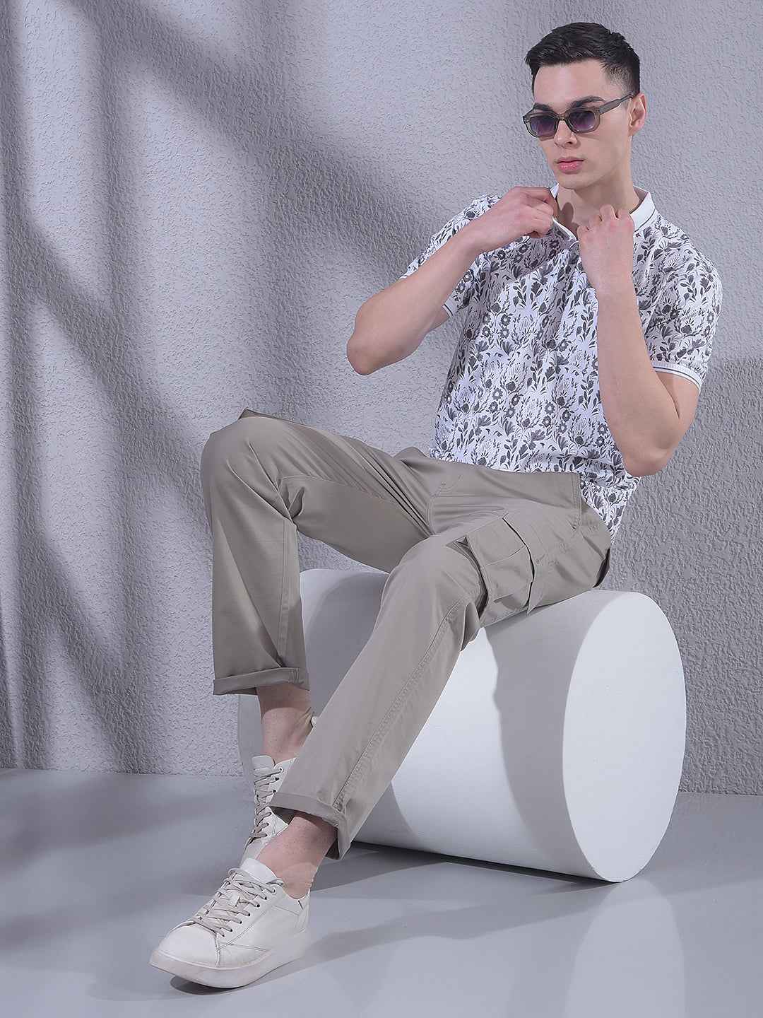 Grey Floral Print Polo Neck T-Shirt