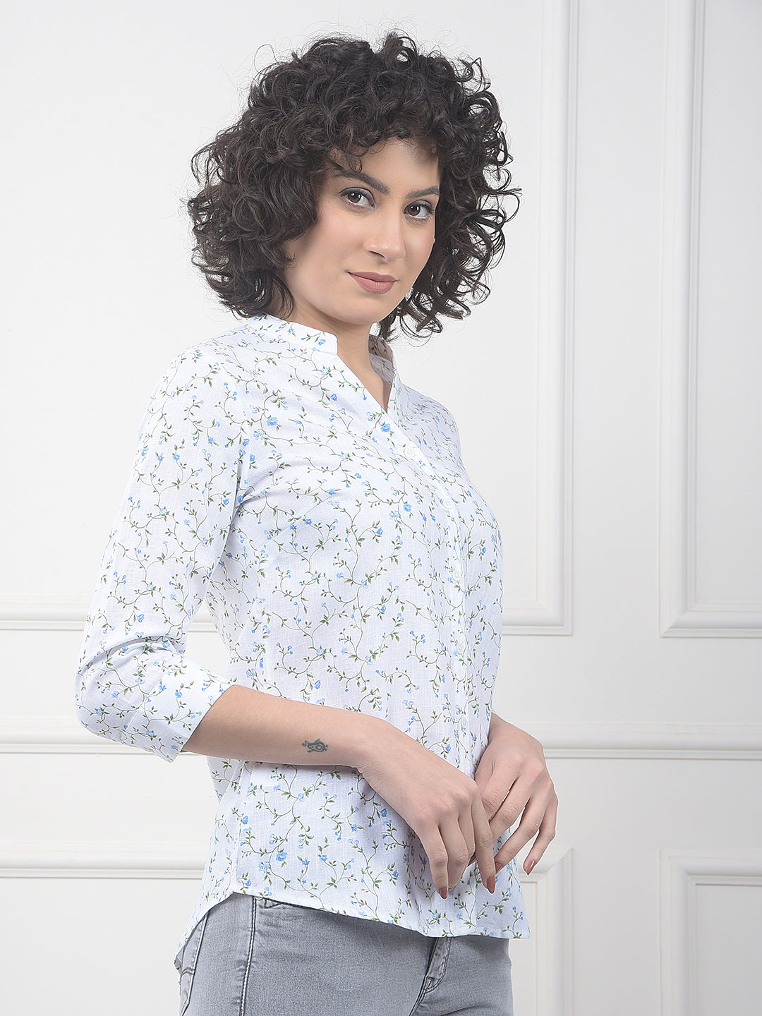 Sky Blue Floral Print Linen Shirt