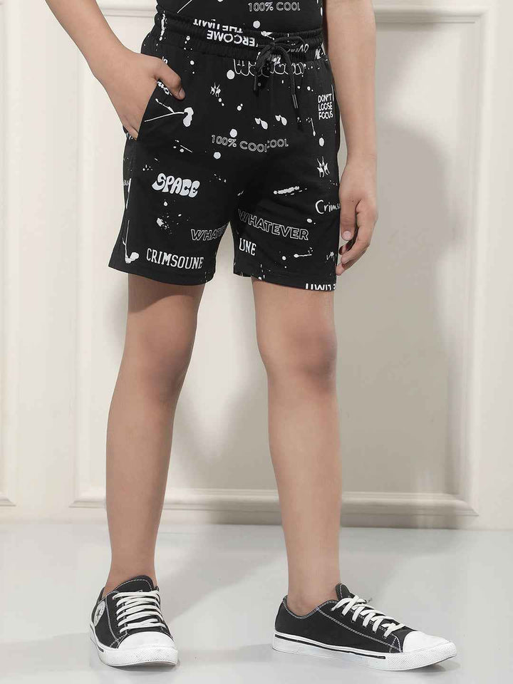 Black Typographic Print Shorts