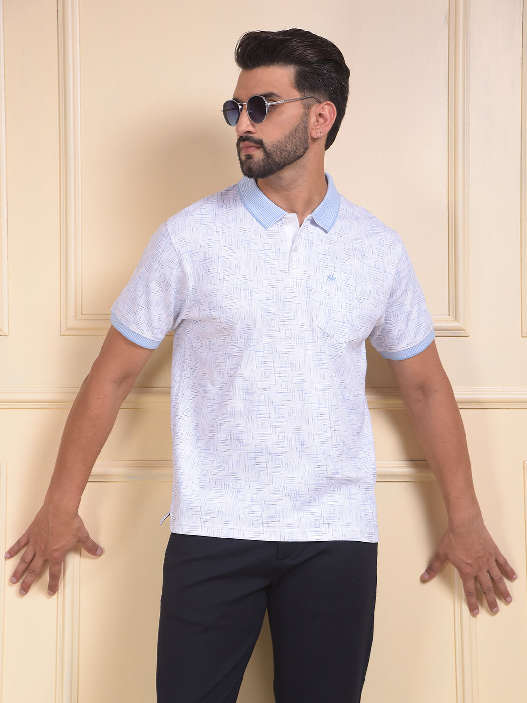 Blue Printed Polo Neck 100% Cotton T-Shirt