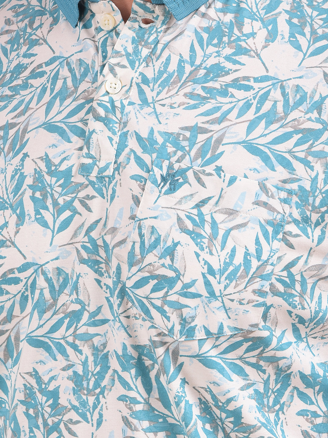 Blue Floral Print Polo Neck T-Shirt