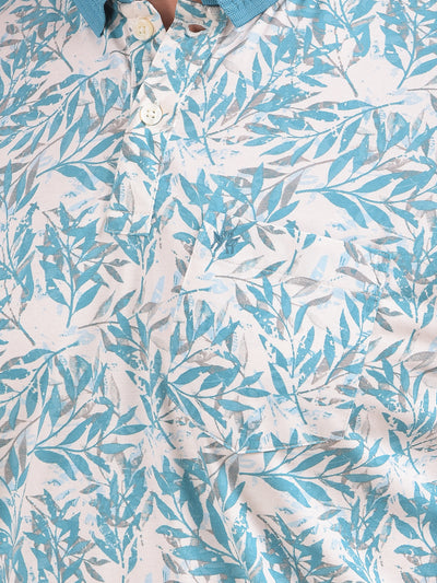 Blue Floral Print Polo Neck T-Shirt