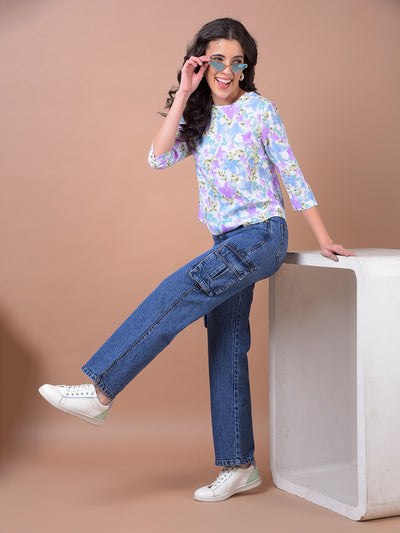 Blue Wide Leg 100% Cotton Cargo Jeans