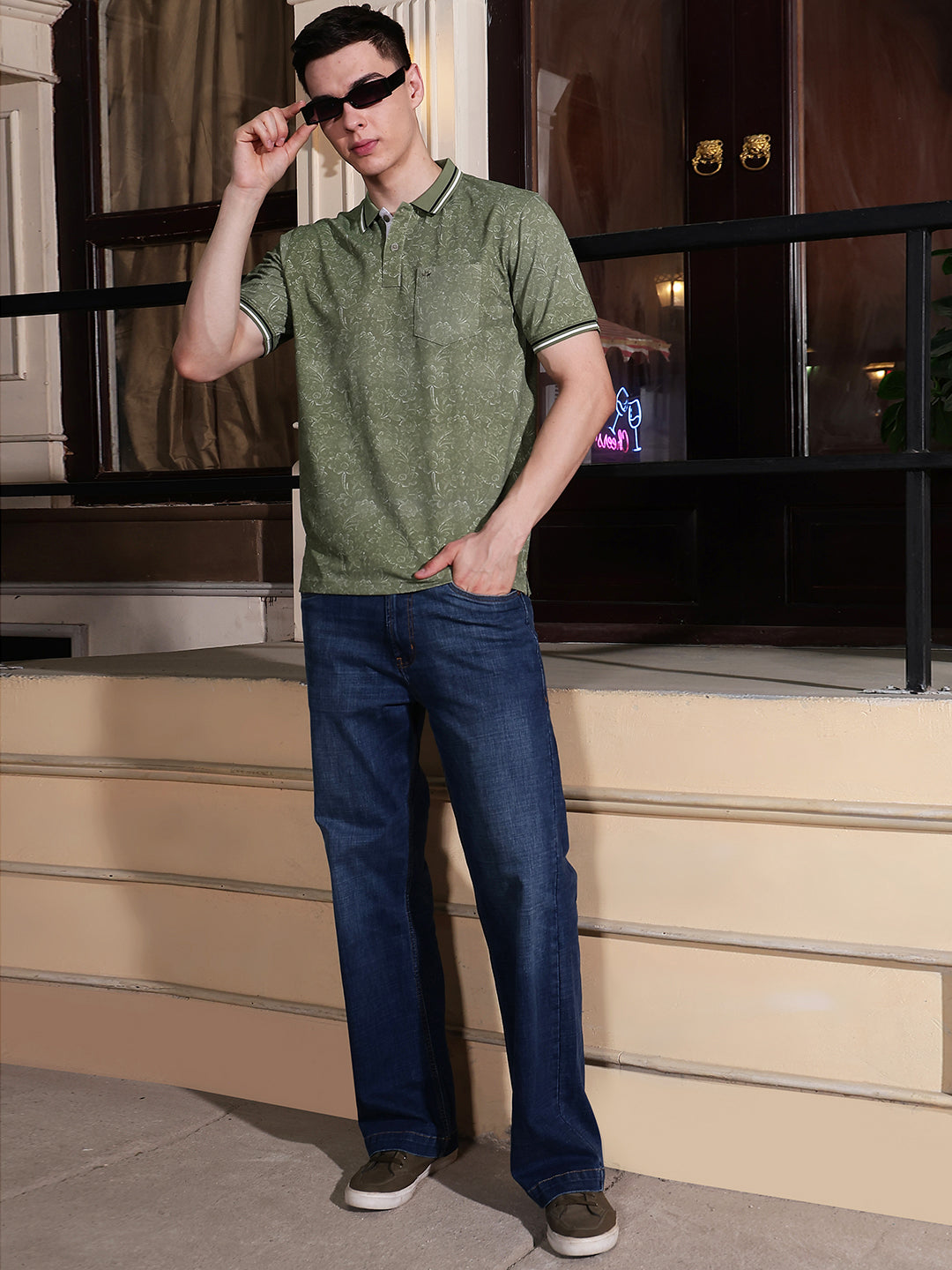 Green Floral Print Polo Neck T-Shirt