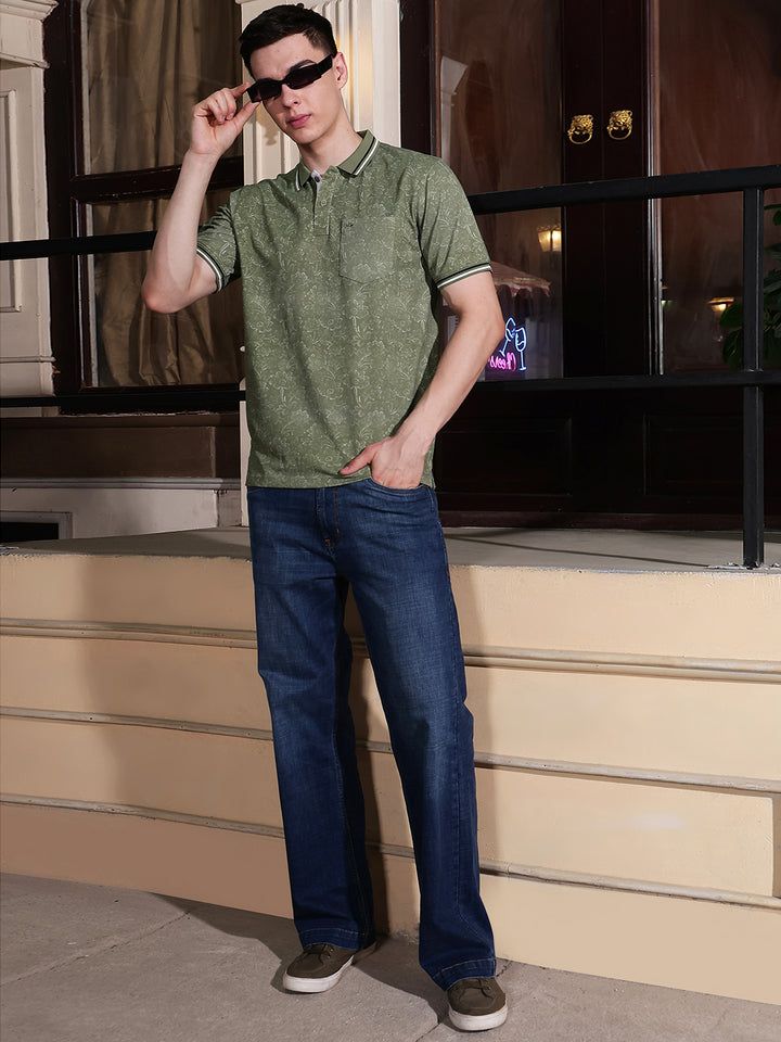 Green Floral Print Polo Neck T-Shirt