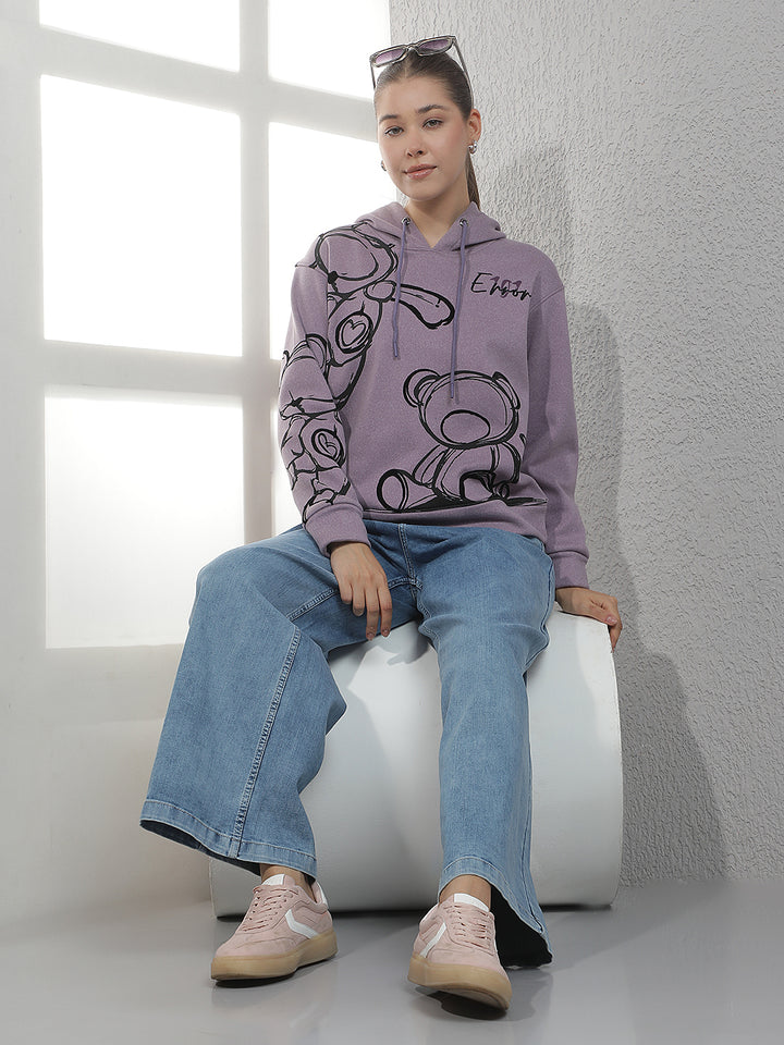 Purple Graphic Print Hooded Neck Sweatshirt