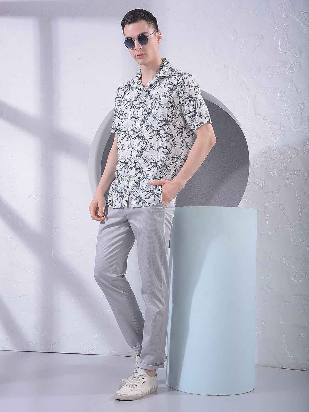 Blue Floral Print Linen Shirt