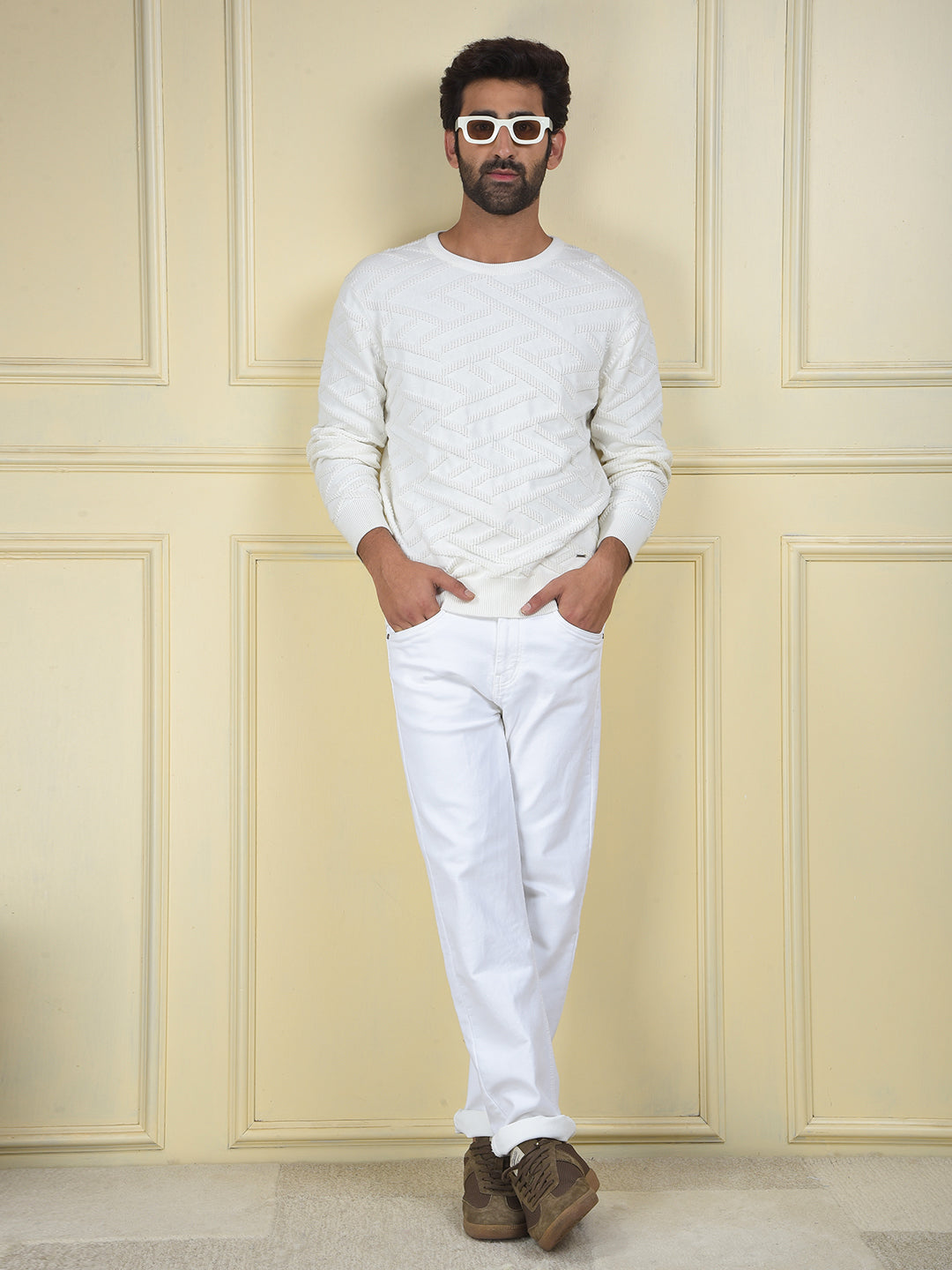 White Jacquard 100% Cotton Sweater