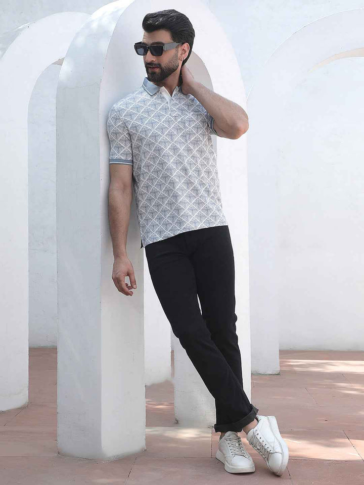 Blue Printed Polo Neck T-Shirt