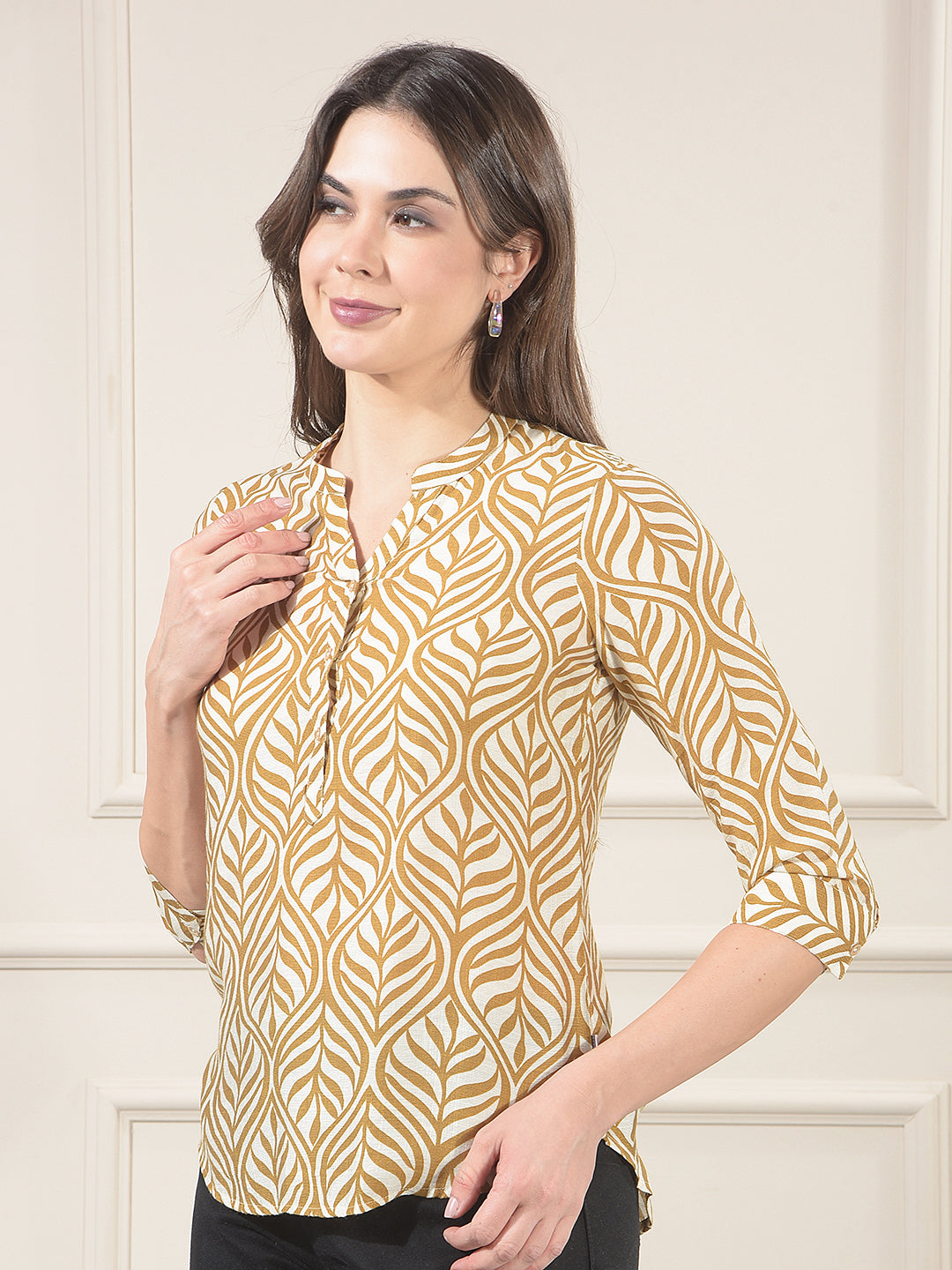 Brown Botanical Print V-Neck Top