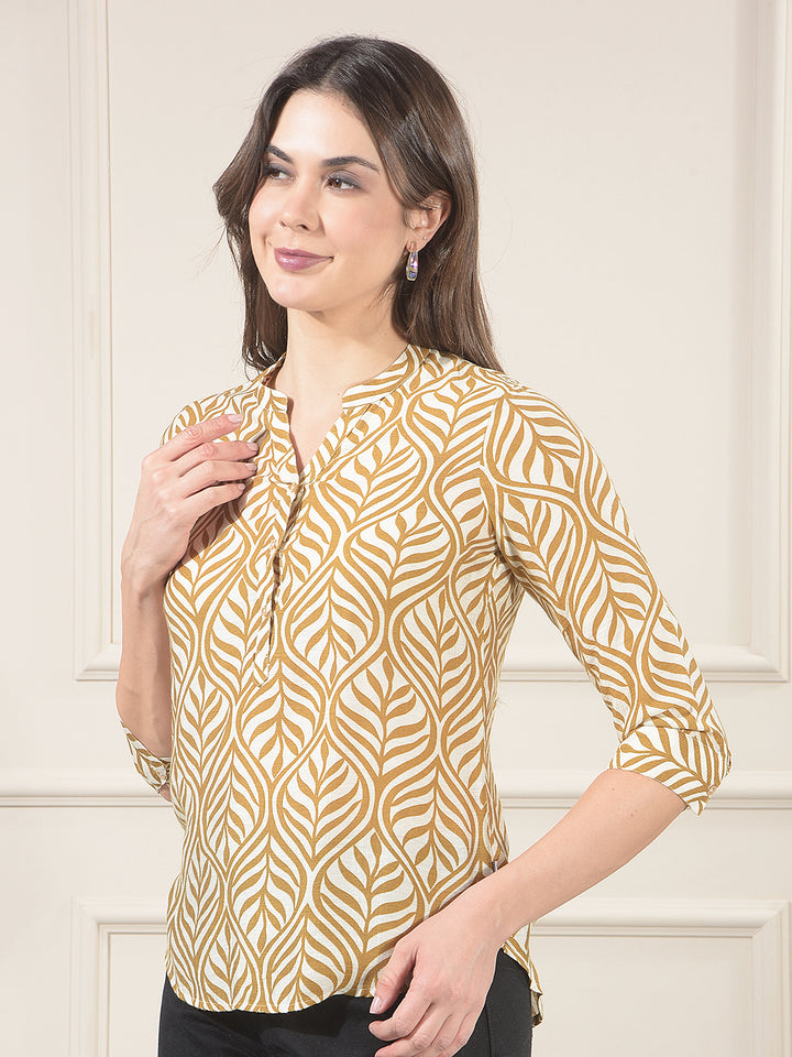 Brown Botanical Print V-Neck Top