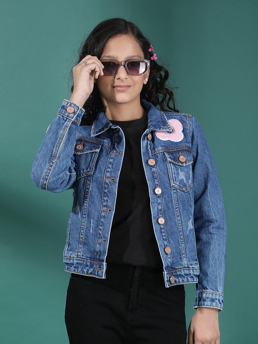 Blue 100% Cotton Cropped Denim Jacket