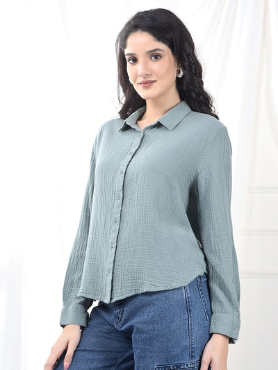 Sage Green Crinkled Textured Slim Fit Shirt