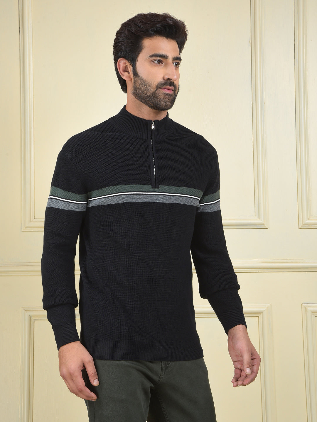 Black Horizontal Stripes High Neck 100% Cotton Sweater