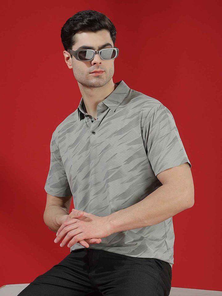 Grey Camouflage Print Polo T-Shirt