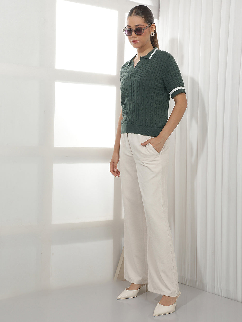 Olive Jacquard Polo Neck 100% Cotton T-Shirt