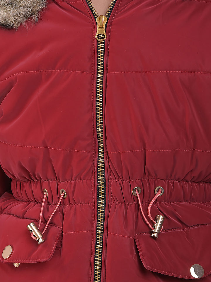 Red Hooded Neck Puffer Jacket