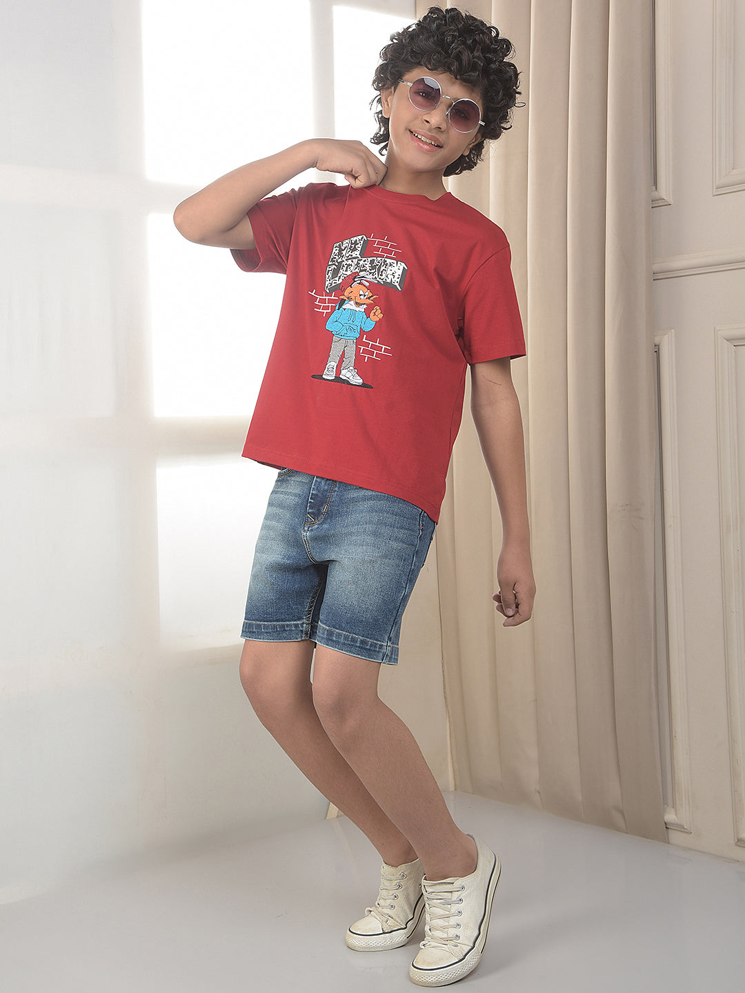 Red Cartoon Printed Oversized T-Shirt