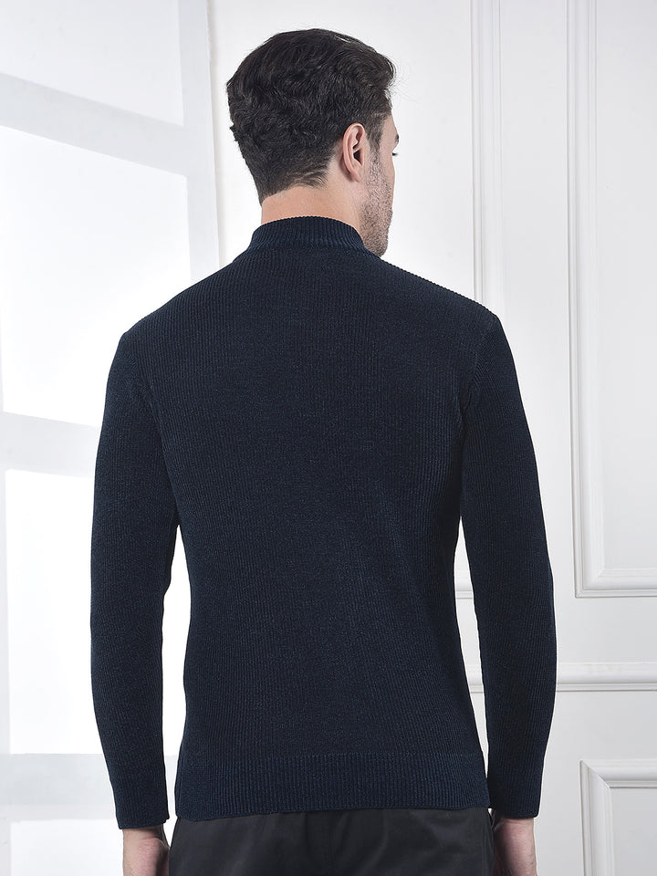 Blue Jacquard High Neck Sweater