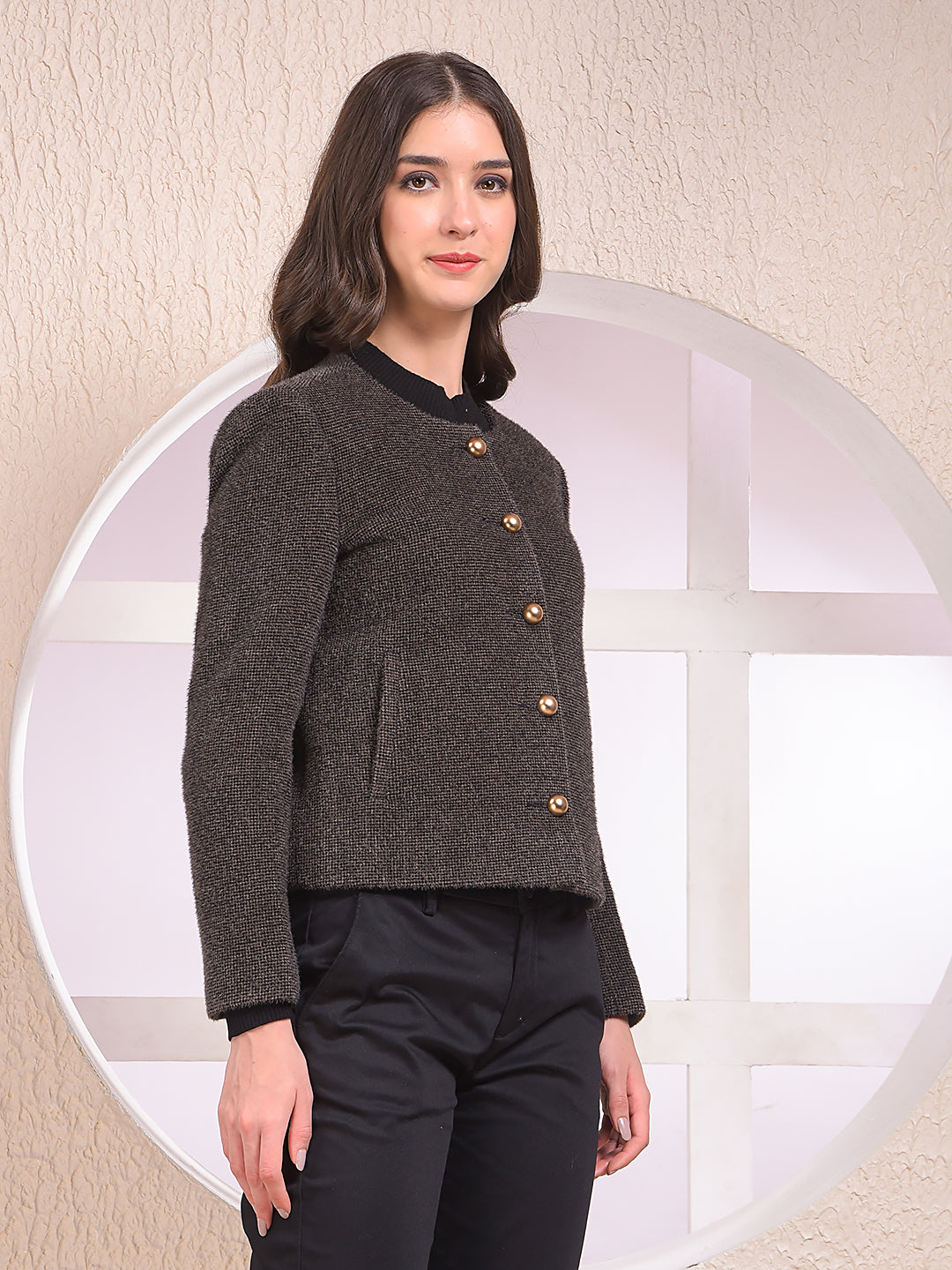 Brown Printed Single-Breasted Coat