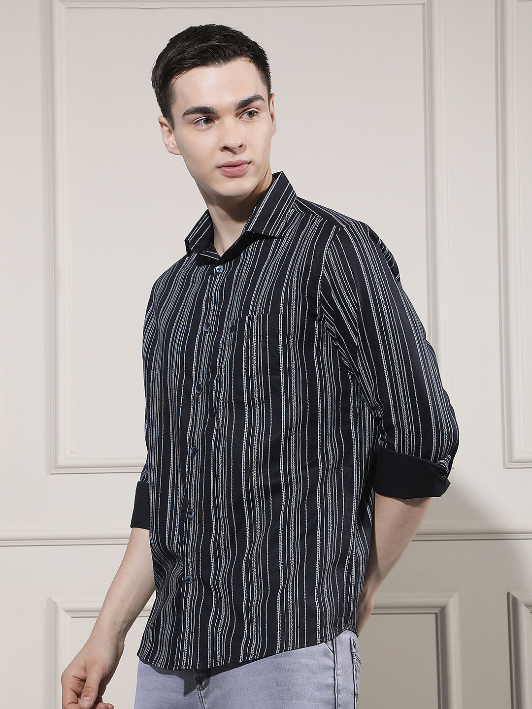 Navy Blue Vertical Striped Shirt