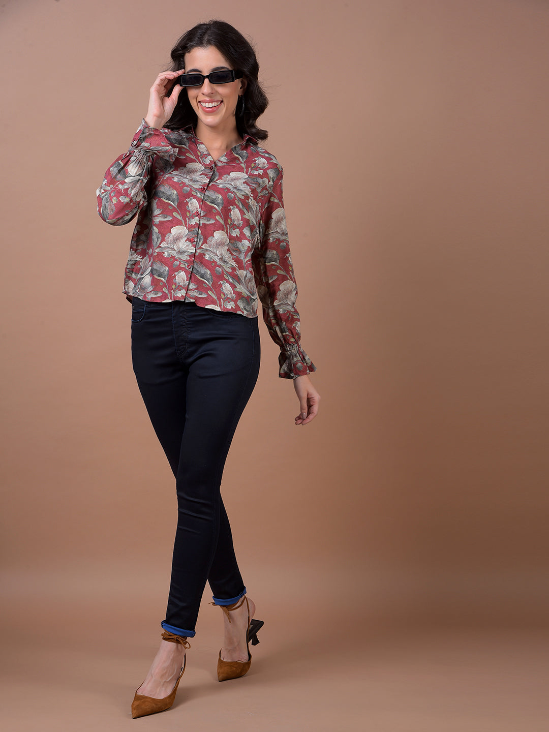 Maroon Floral Print Modal Shirt