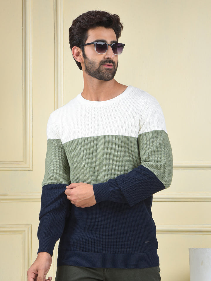 Multi-Color Color-Block 100% Cotton Knitted Sweater