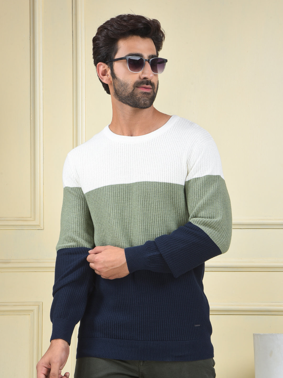 Multi-Color Color-Block 100% Cotton Knitted Sweater