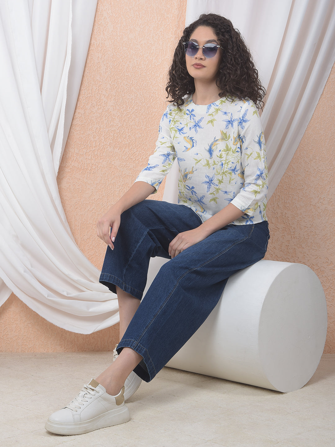 Blue Floral Printed Linen Top