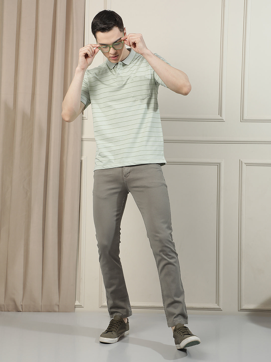 Beige Horizontal Stripes Polo Neck T-Shirt