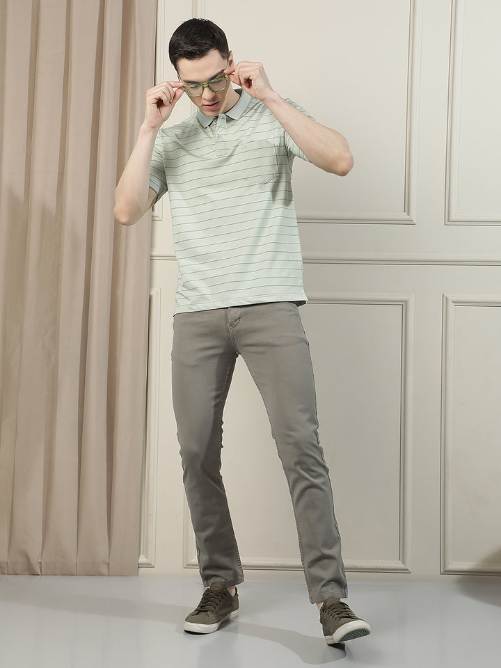 Beige Horizontal Stripes Polo Neck T-Shirt