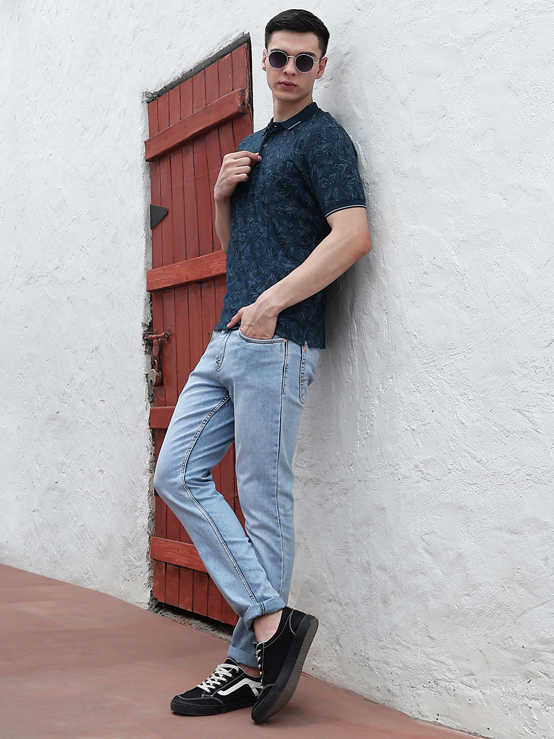 Blue Floral Print Polo Neck T-Shirt
