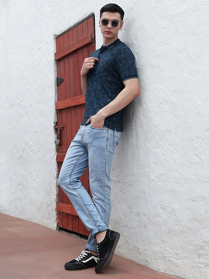 Blue Floral Print Polo Neck T-Shirt